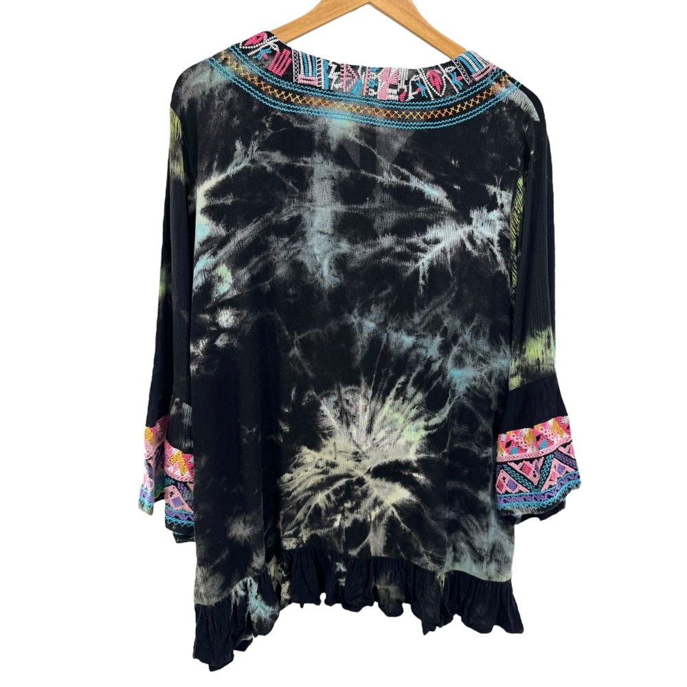 Calessa 1X Boho Tie Dye Embroidered Peasant Top Black Multicolor Bell Sleeve - Picture 5 of 5